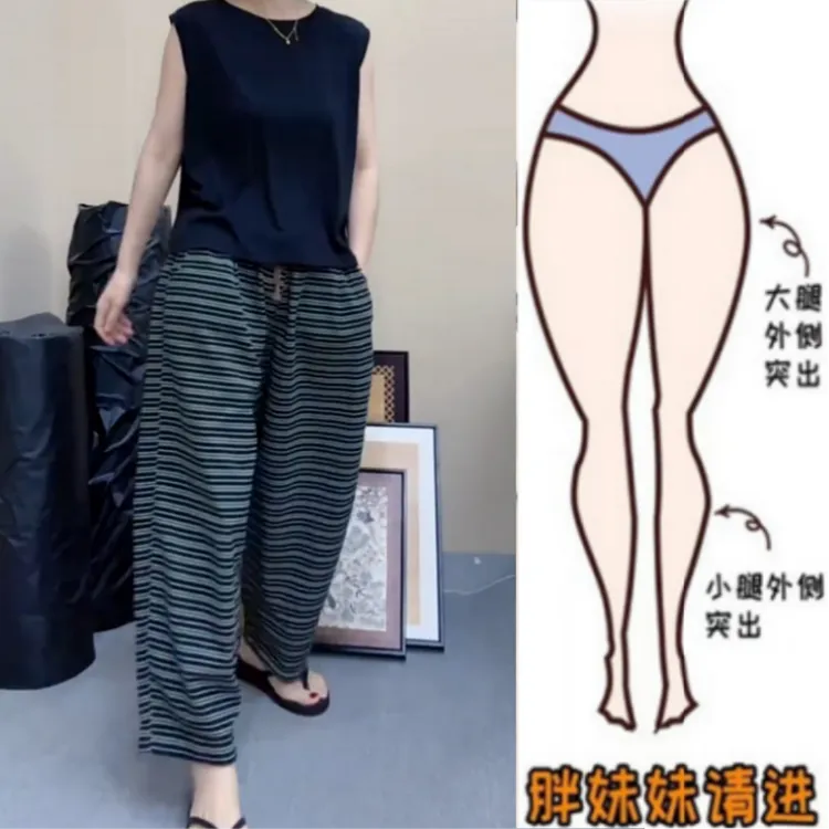 2025夏季新款大码女装清新百搭通勤日常穿搭遮肉显瘦条纹款休闲裤