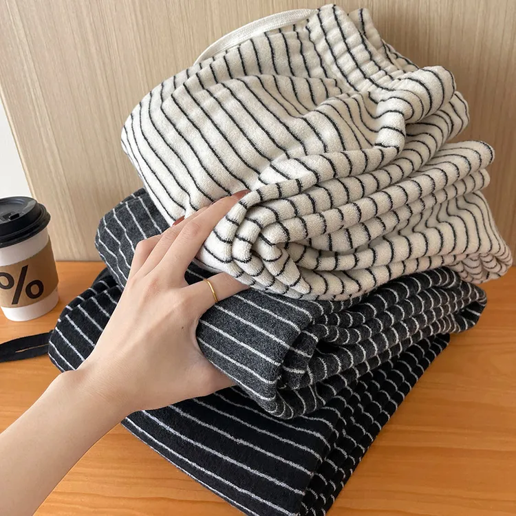 胖MM大码条纹加绒加厚糯米阔腿裤秋冬新款松弛感拖地直筒休闲卫裤