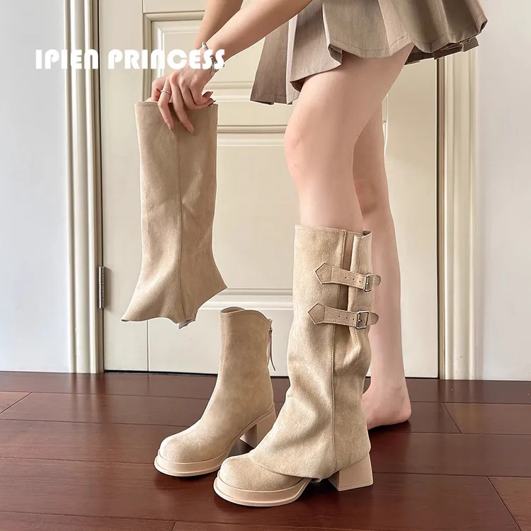 厚底增高西部靴女2025夏季新款超火复古两穿中筒靴透气褶皱瘦瘦靴