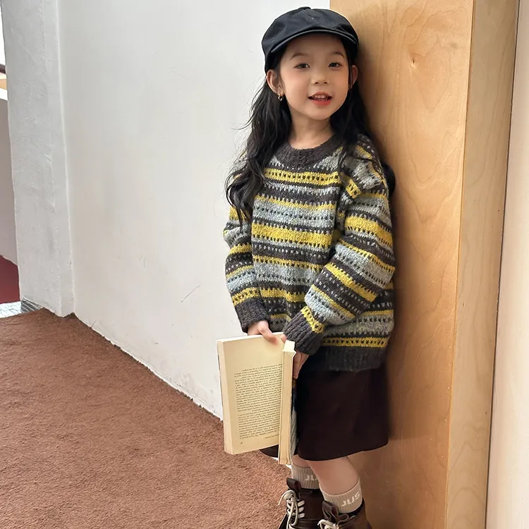【25H171】女童冬季条纹套头毛衣儿童民族风渐变复古提花针织上衣