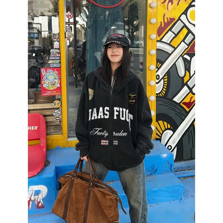 YWBY美式潮流oversize连帽卫衣女春秋新款时尚潮流拉链情侣外套 