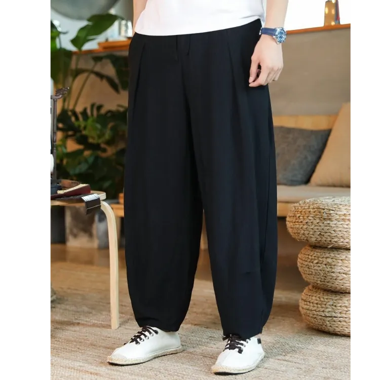春秋季棉麻裤男士中国风大码胖子阔腿裤大裆裤灯笼哈伦裤休闲长裤
