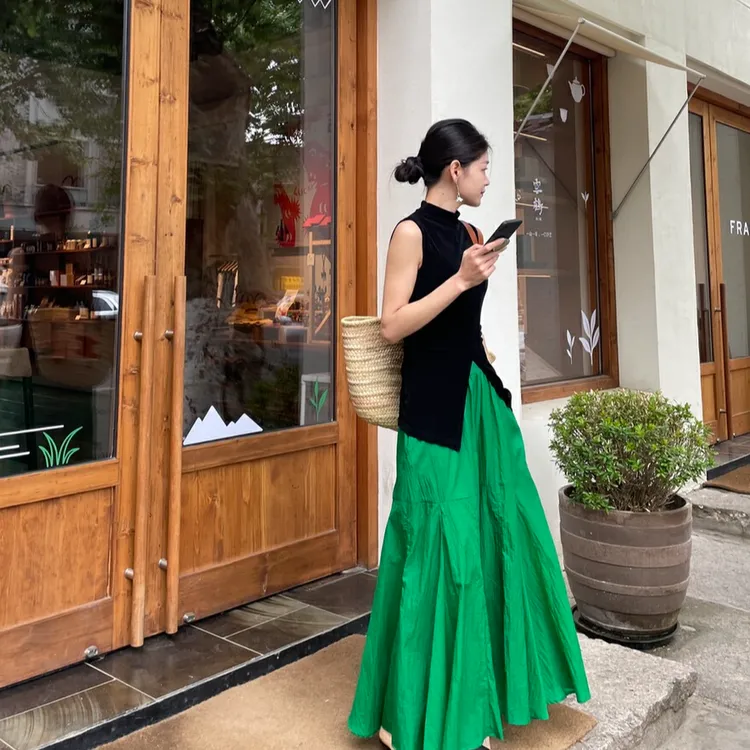 韩系穿搭气质高级感无袖开叉上衣套装女夏季裙子绿色半身裙两件套