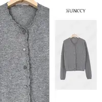 JIUNCCY【清欢】羊绒羊毛天丝混纺门襟领口钩花边针织开衫 52YZZ137