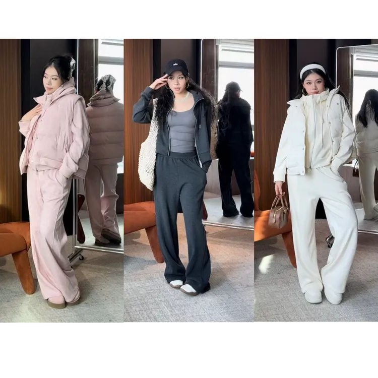 PM王囡囡 白/粉/灰秋冬连帽加绒三件套 ND1D2066