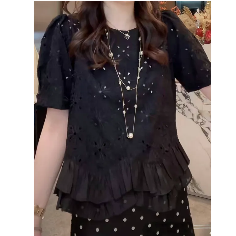 韩系洋气百搭镂空小衫2025夏季新款气质短袖女款洋气套头衬衫