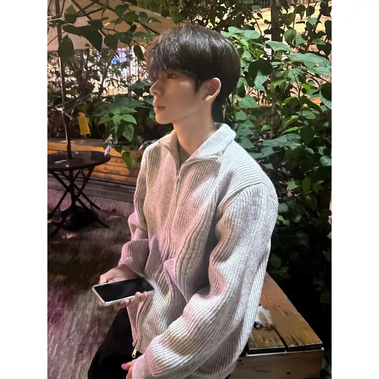 灰色立领针织衫外套男款秋季美式慵懒风开衫毛衣cleanfit重磅上衣