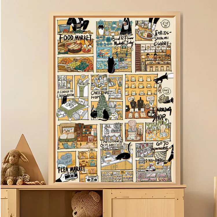 TKX黑猫日记1000片拼图丝绒工艺进口蓝卡材质带背分区猫咪画报风