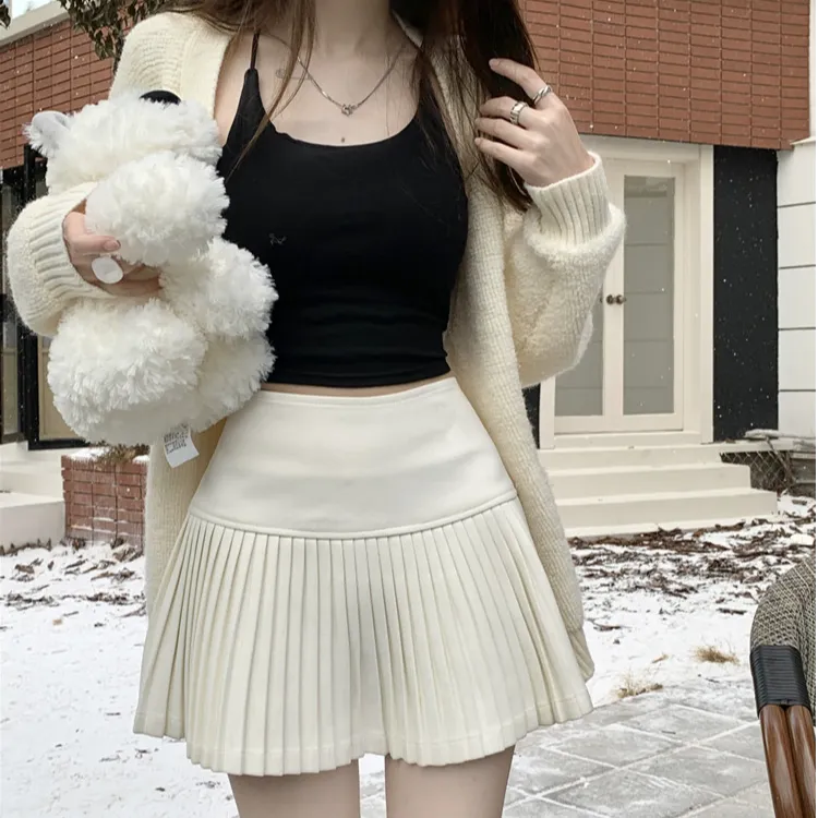 纯色毛呢百褶半身裙女秋冬2025新款a字半裙小个子显瘦高腰短裙子