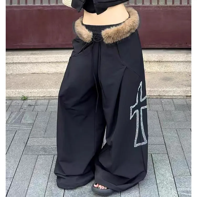 美式嘻哈十字刺绣黑色休闲裤女2025秋季新款高街辣妹抽绳街舞裤子