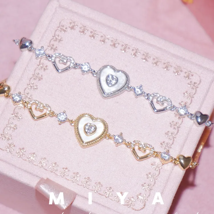 纯铜锆石手链 甜美假期~爱心贝母锆石重工手链 欧美辣妹感满满