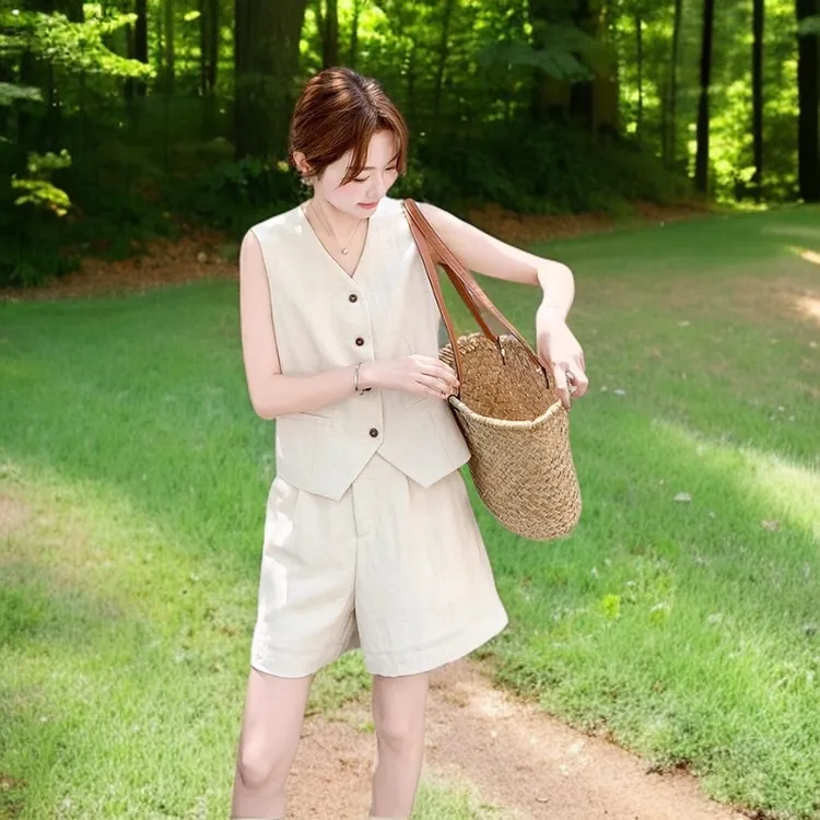 HANAN2025夏季亚麻马甲短裤两件套女装小个子显瘦时尚套装洋气