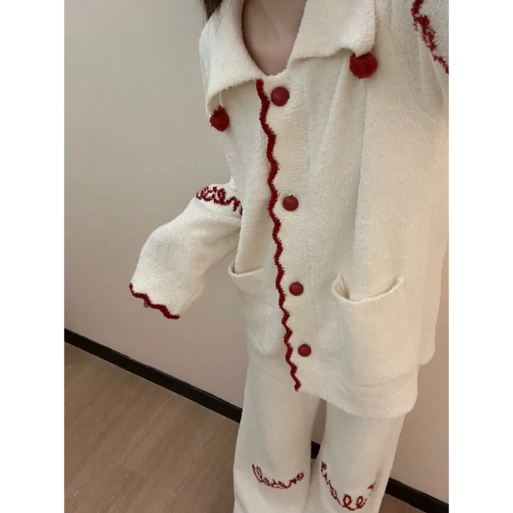甜美少女针织半边绒睡衣套装女秋冬季新款毛绒保暖长袖家居服大码