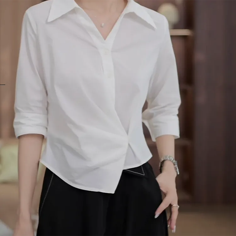 【白日昭昭】轻奢气质纯色中袖衬衫显瘦百搭上衣C5743