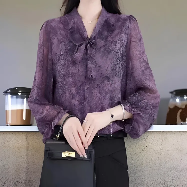 8色2025碎花森系长袖衬衣印花系带套头休闲衬衫打底衫时尚0202