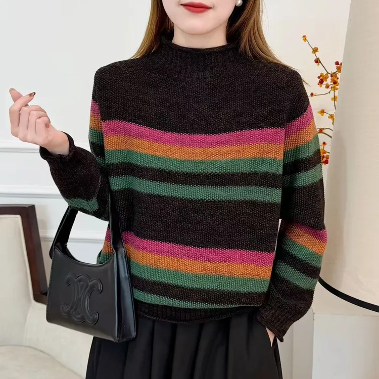 棉线不起球休闲百搭复古新款撞色条纹棉线半高领套头宽松针织毛衣