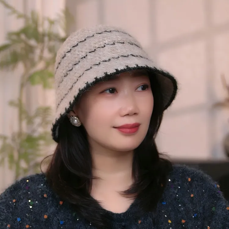 韩版新款秋冬条纹百搭渔夫帽针织简约休闲水桶帽拼色显脸小女盆帽