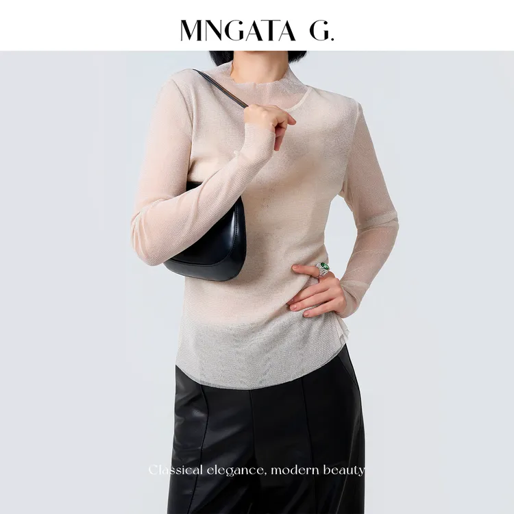 MNGATA G.宫小妍【水晶纱】高弹双层网纱半高领打底上衣5110256