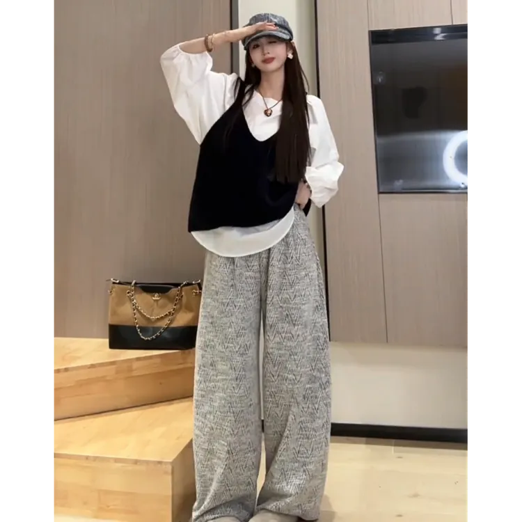 大码女装韩系穿搭慵懒风2025秋季新款宽松衬衫马甲显瘦休闲裤子