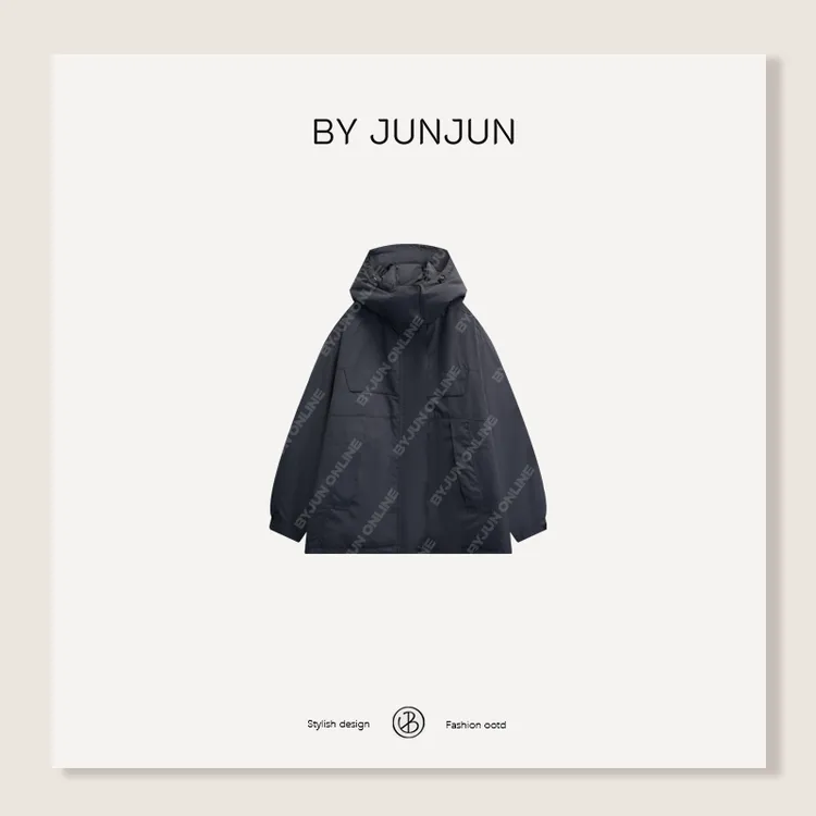 ByJunjun2025冬季新款雪地战甲拼色连帽工装派克白鹅绒服保暖外套