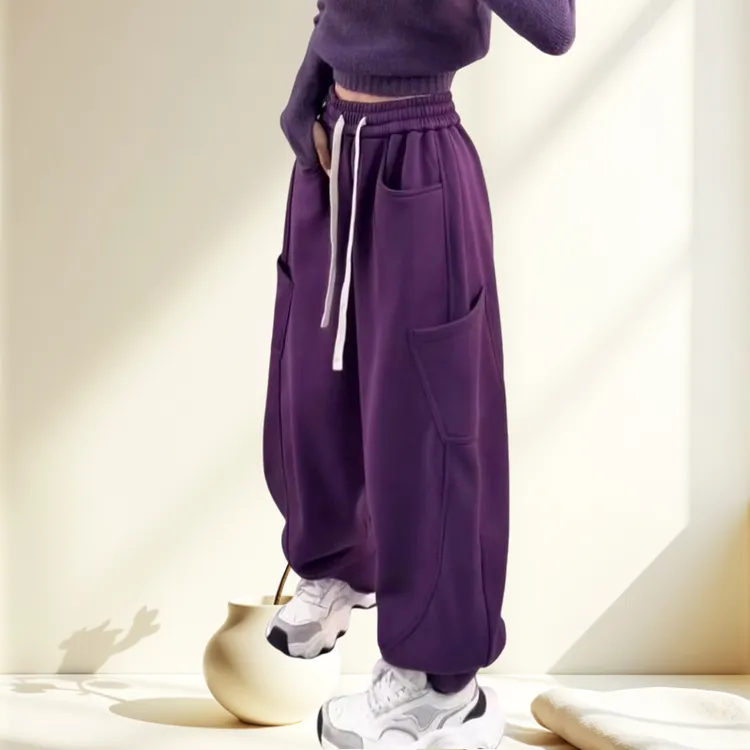 紫色加绒加厚阔腿卫裤子女秋冬2025新款宽松显瘦多口袋弯刀休闲裤