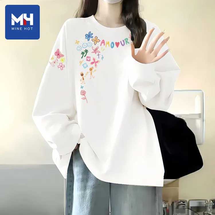 唐狮集团MH白色长袖t恤女款秋季巨好看宽松打底衫纯棉圆领上衣女