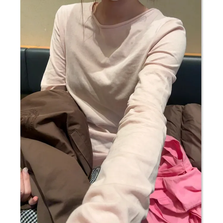 雪花棉卷边T恤女春秋修身显瘦内搭打底正肩长袖上衣夏季防晒罩衫