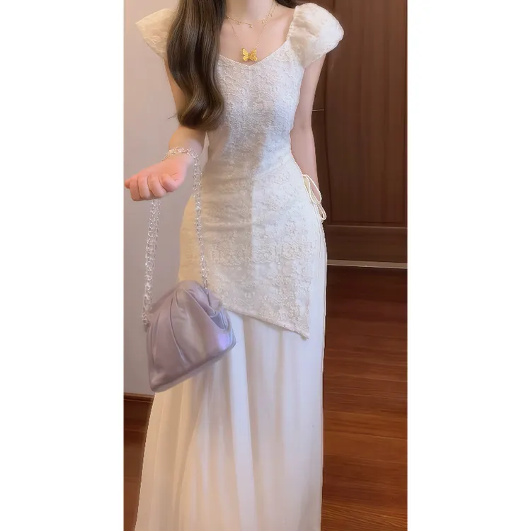 新中式国风清冷感刺绣拼接改良旗袍连衣裙收腰显瘦气质长裙9590