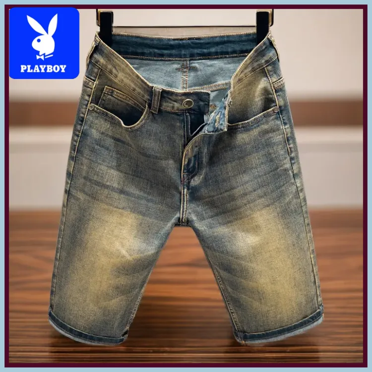 花花公子夏季爆款黄泥色牛仔短裤薄款修身直筒五分中裤男潮流时
