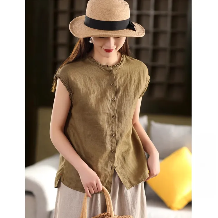 短袖洋气新款敦实小个子衣服气质衬衣亚麻麻料上衣女夏天高档次
