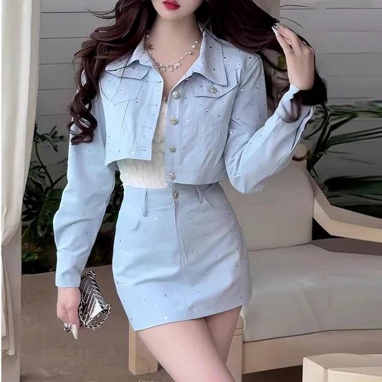 早春新款复古洋气气质显瘦外套高腰休闲+A字短裙炸街感辣妹套装女