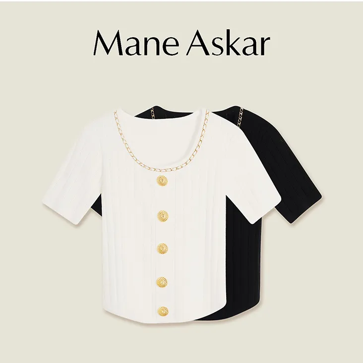 新款夏季小香风薄款金属链条扣U领短袖毛衣OK0422