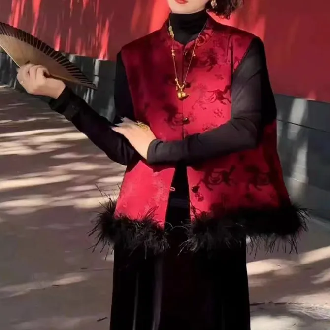 新中式时尚潮流休闲风毛毛拼接气质马夹秋季百搭洋气轻奢女装上衣