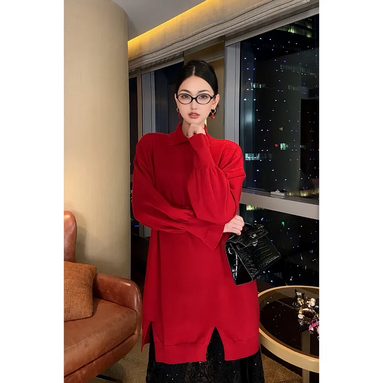 紫紫 幸予 复古斜差翻领毛衣设计感慵懒百搭针织上衣ZC12SMYL860