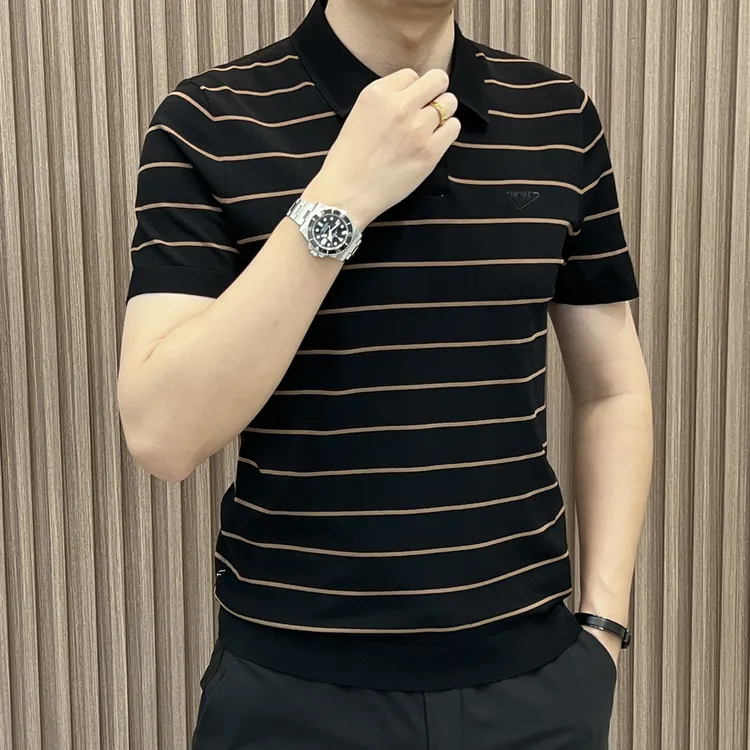 男士短袖轻奢商务polo衫新款经典条纹翻领修身针织polo衫男秋季