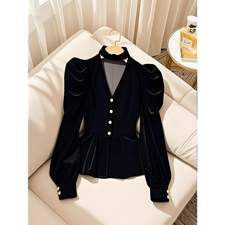 小香风黑色丝绒长袖衬衫女款2025早秋季新款挂脖法式独特漂亮上衣
