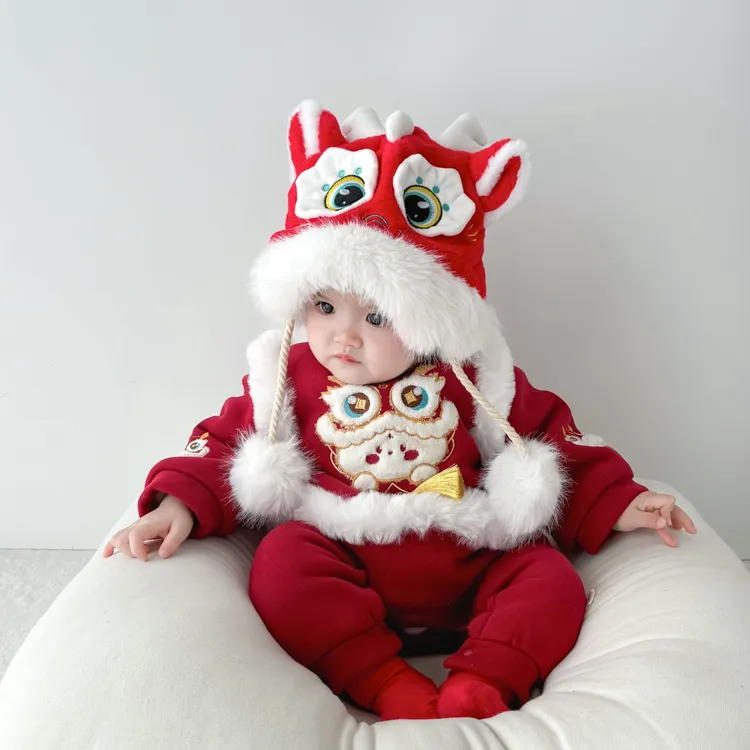 喜庆新年红色卡通可爱龙帽加厚护耳帽冬季儿童宝宝套头帽男女童