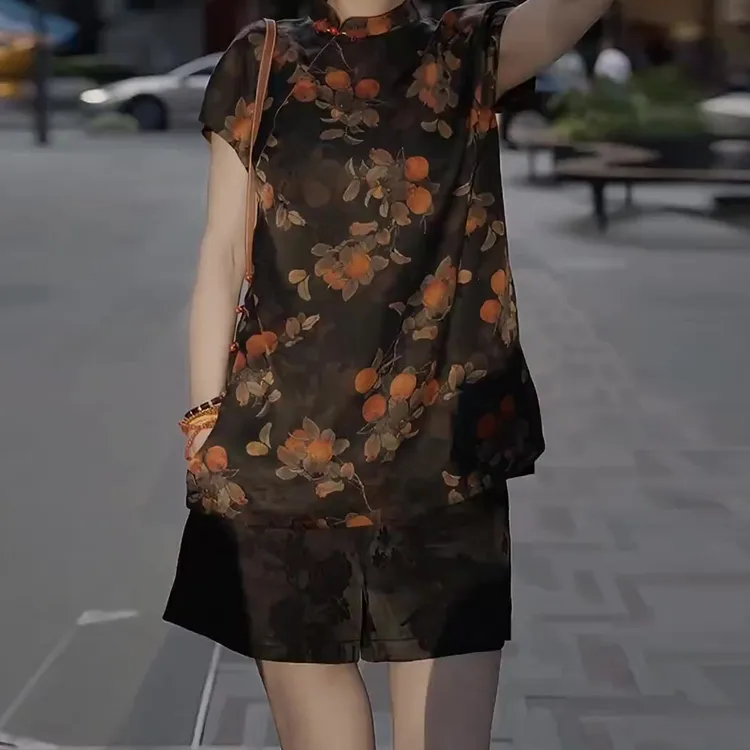 洋气新中式旗袍印花短袖女2025夏季新款斜襟立领国风小衫漂亮上衣