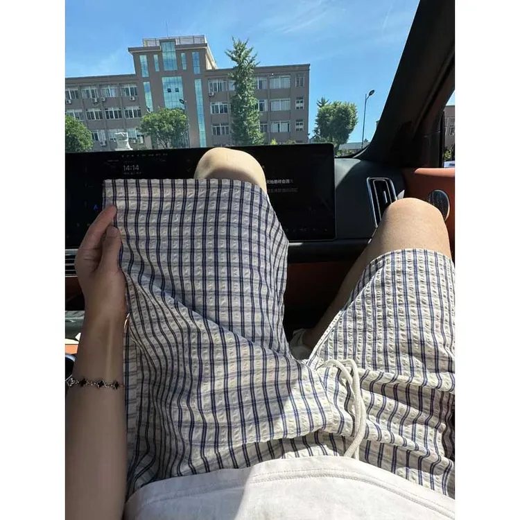 泡泡纱蓝色格子短裤男款夏季冰丝速干防晒裤子美式休闲沙滩五分裤