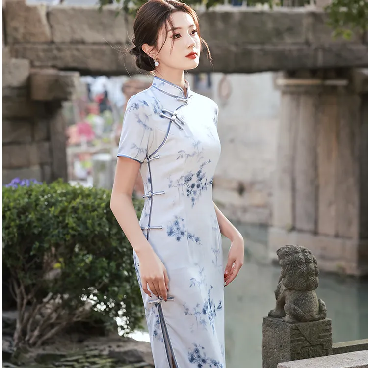 蓝色显瘦旗袍气质时尚新中式传统夏季中长款修身日常可穿复古优雅