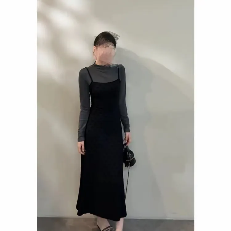 秋季假俩件半高领长袖针织连衣裙显瘦气质感贵系长裙
