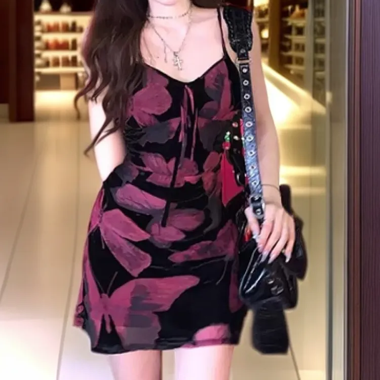 法式气质丁达尔裙蝴蝶印花网纱修身吊带连衣短裙女夏日绝美小裙子