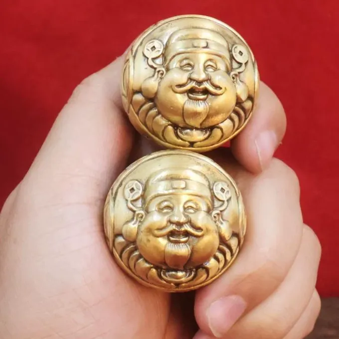 双面雕刻实心黄铜笑脸手球健身球手把件装饰摆件