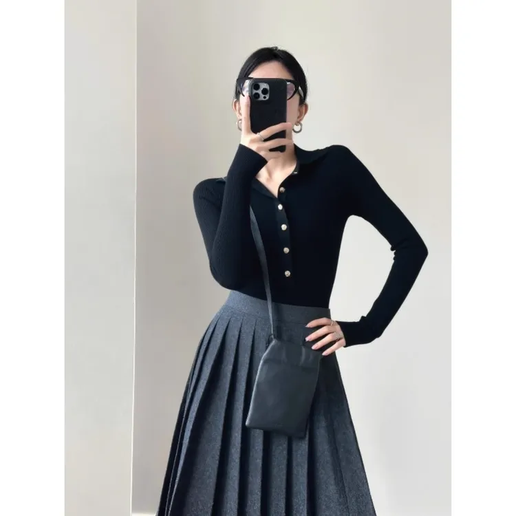 黑色翻领正肩针织衫长袖t 恤女秋冬修身内搭女款夏季薄款针织开衫