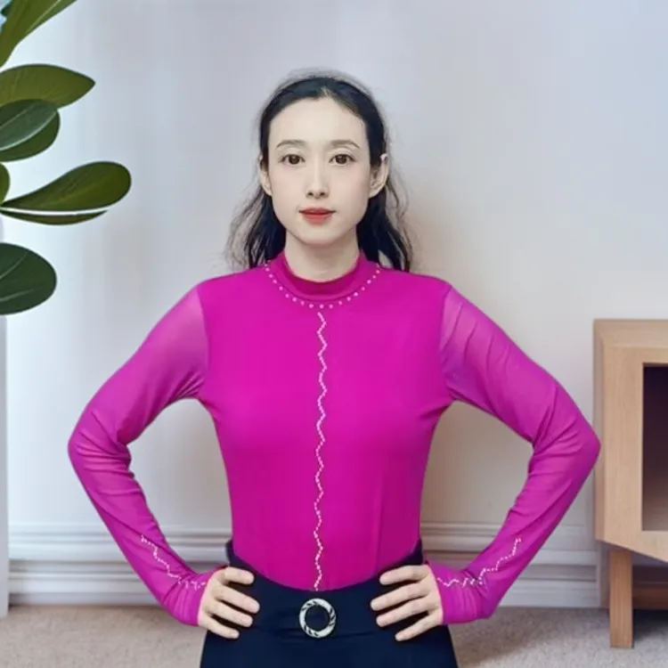 欢舞阁吉特巴摩登舞气质女圆领烫钻水晶麻料交际舞长袖舞衣A0625