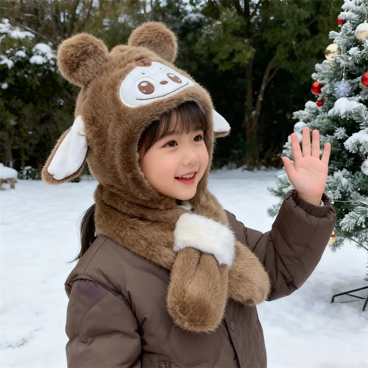 耳朵会动会叫儿童帽子围巾一体冬季男孩毛绒帽女童宝宝护耳套头帽