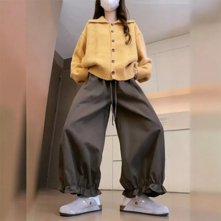 咖色休闲慵懒风高腰九分阔腿大码女装胖mm宽松显瘦气球花苞裤