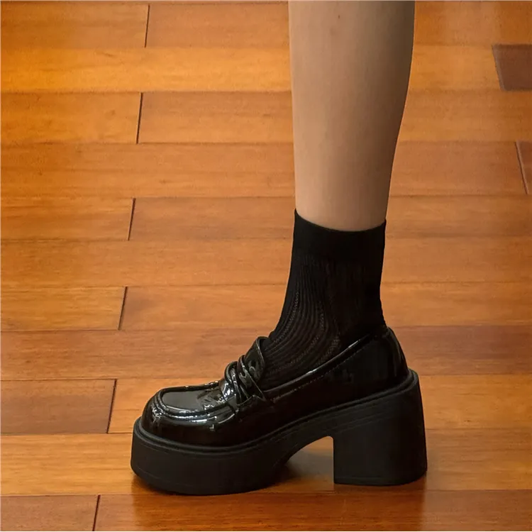 春季黑色厚底小皮鞋女增高粗跟玛丽珍鞋复古百搭一脚蹬高跟乐福鞋