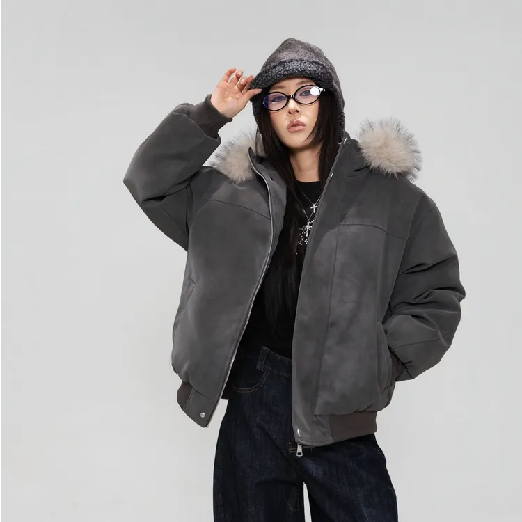 HSNH【连帽PU皮座山雕外套】男女同款加绒休闲棉服时尚防风保暖棉衣