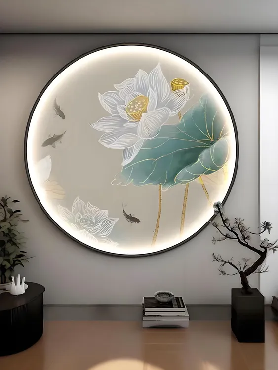 荷花新中式圆形装饰画轻奢玄关书房茶室背景墙壁壁画意境莲花挂画
